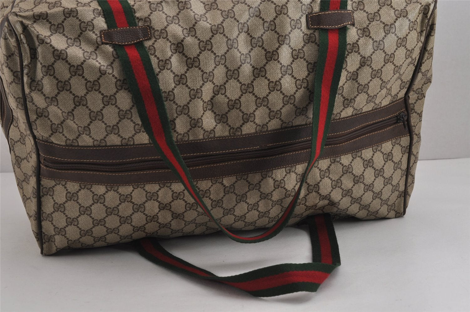 Authentic GUCCI Web Sherry Line Boston Hand Bag GG PVC Leather Brown 5720J