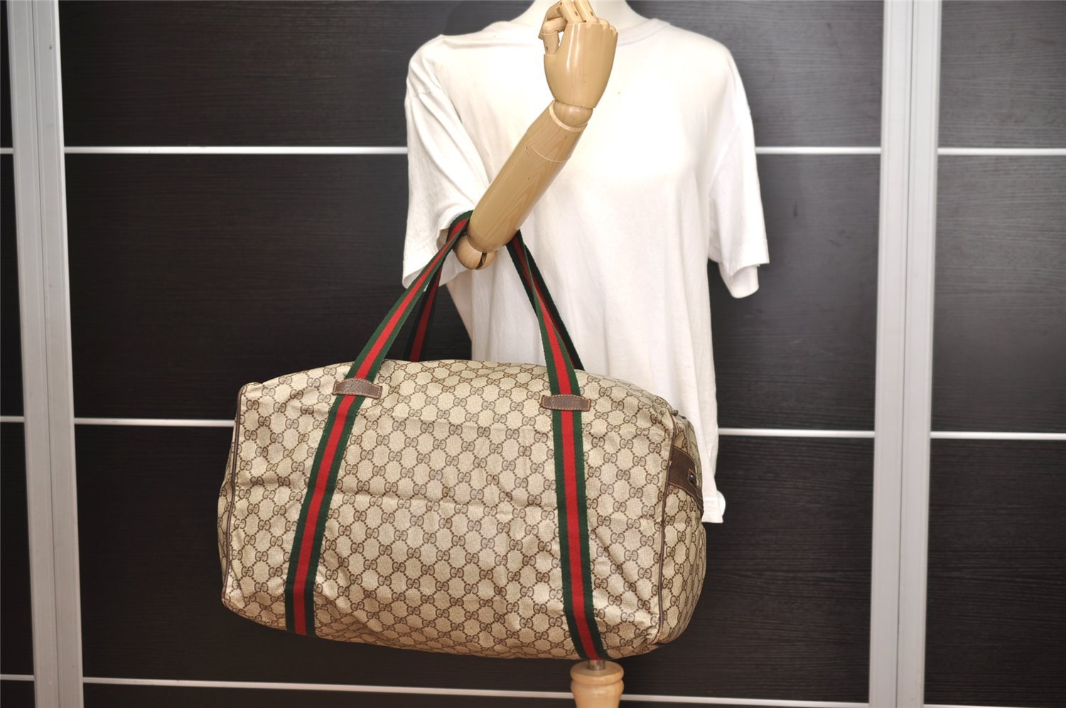 Authentic GUCCI Web Sherry Line Boston Hand Bag GG PVC Leather Brown 5720J