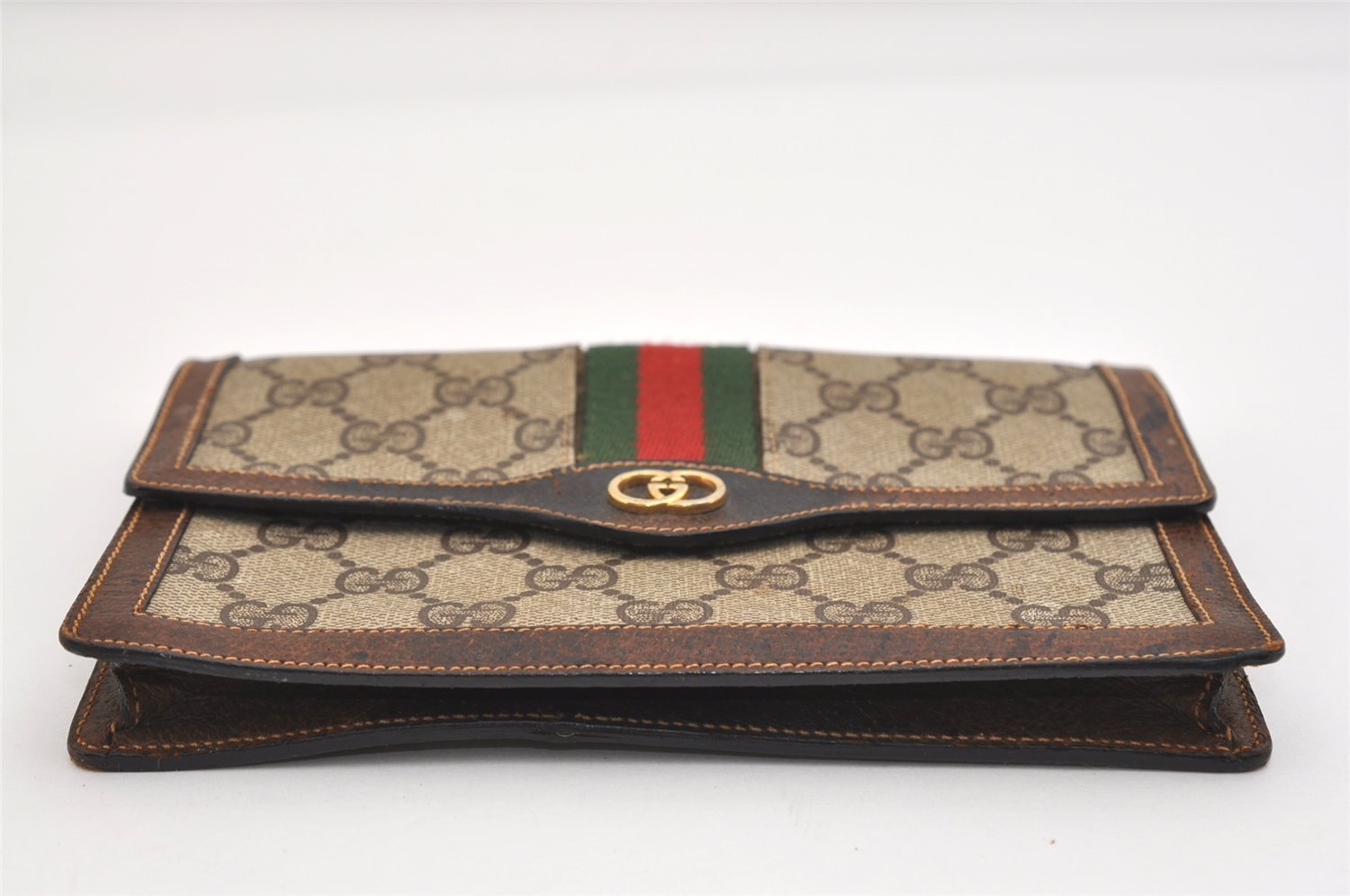 Authentic GUCCI Vintage Web Sherry Line Pouch Purse GG PVC Leather Brown 5723J