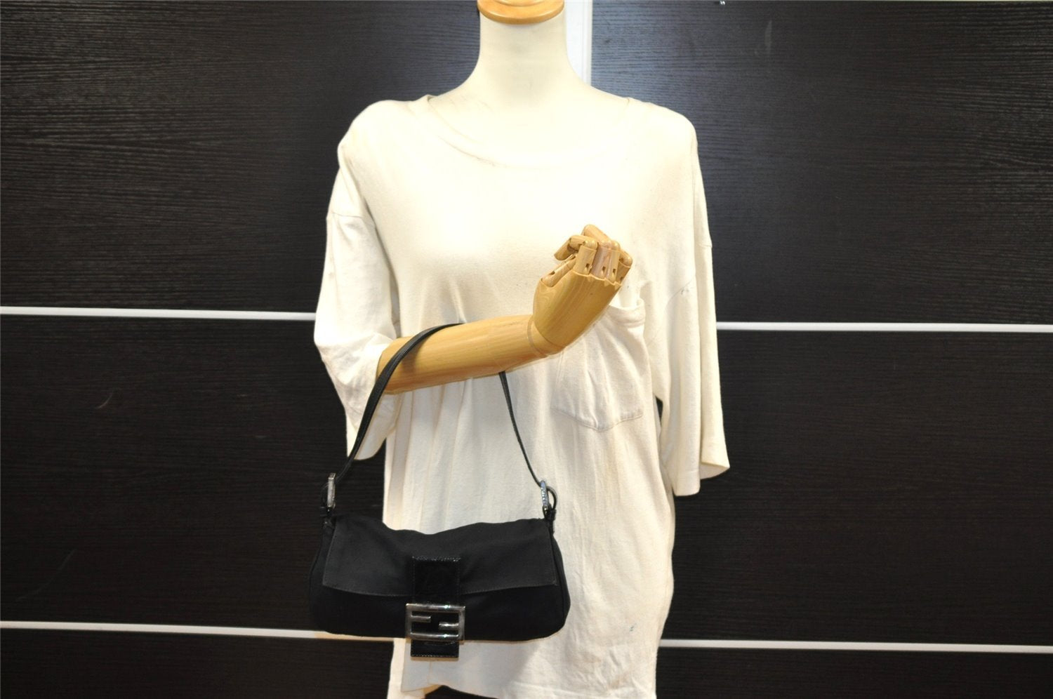 Authentic FENDI Mamma Baguette Shoulder Hand Bag Jersey Leather Black 5728I