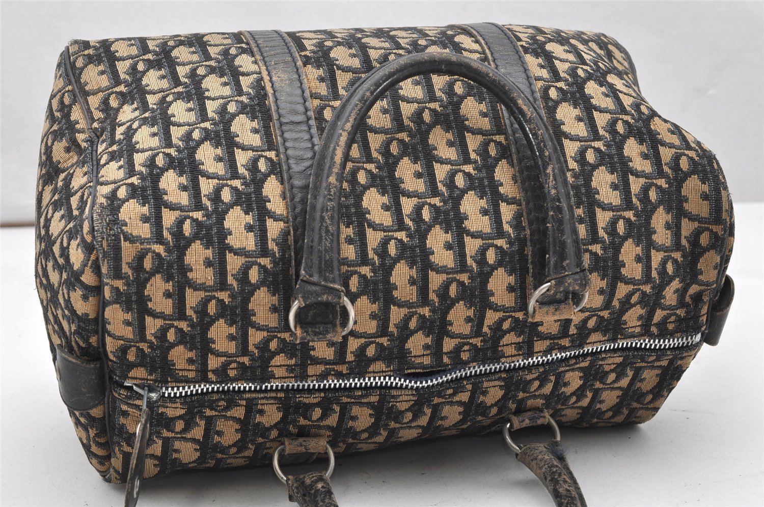 Authentic Christian Dior Trotter Hand Boston Bag Canvas Leather Blue 5729K