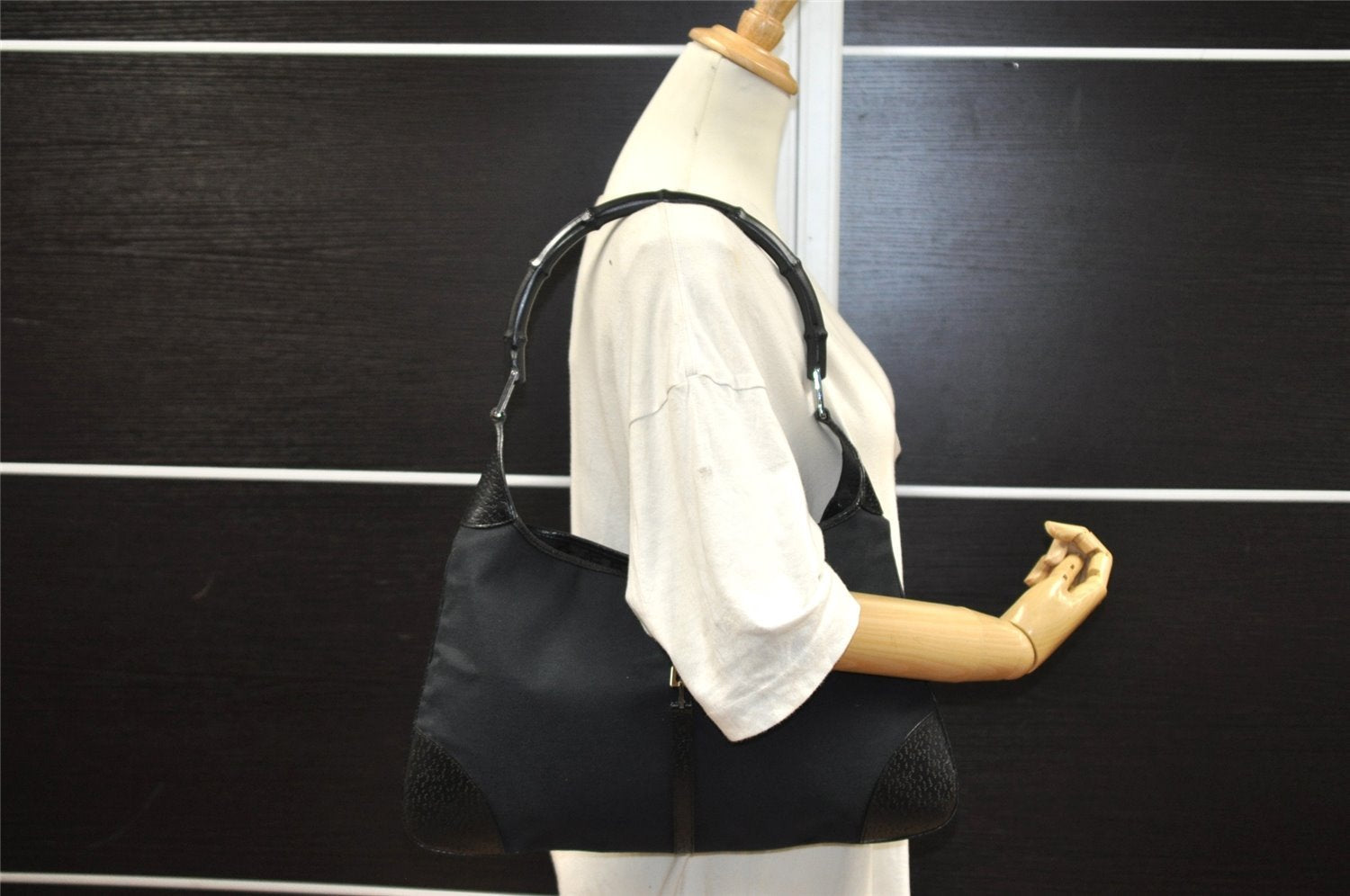 Authentic GUCCI Bamboo Kandinsky Shoulder Bag Canvas Leather 0014061 Black 5732I