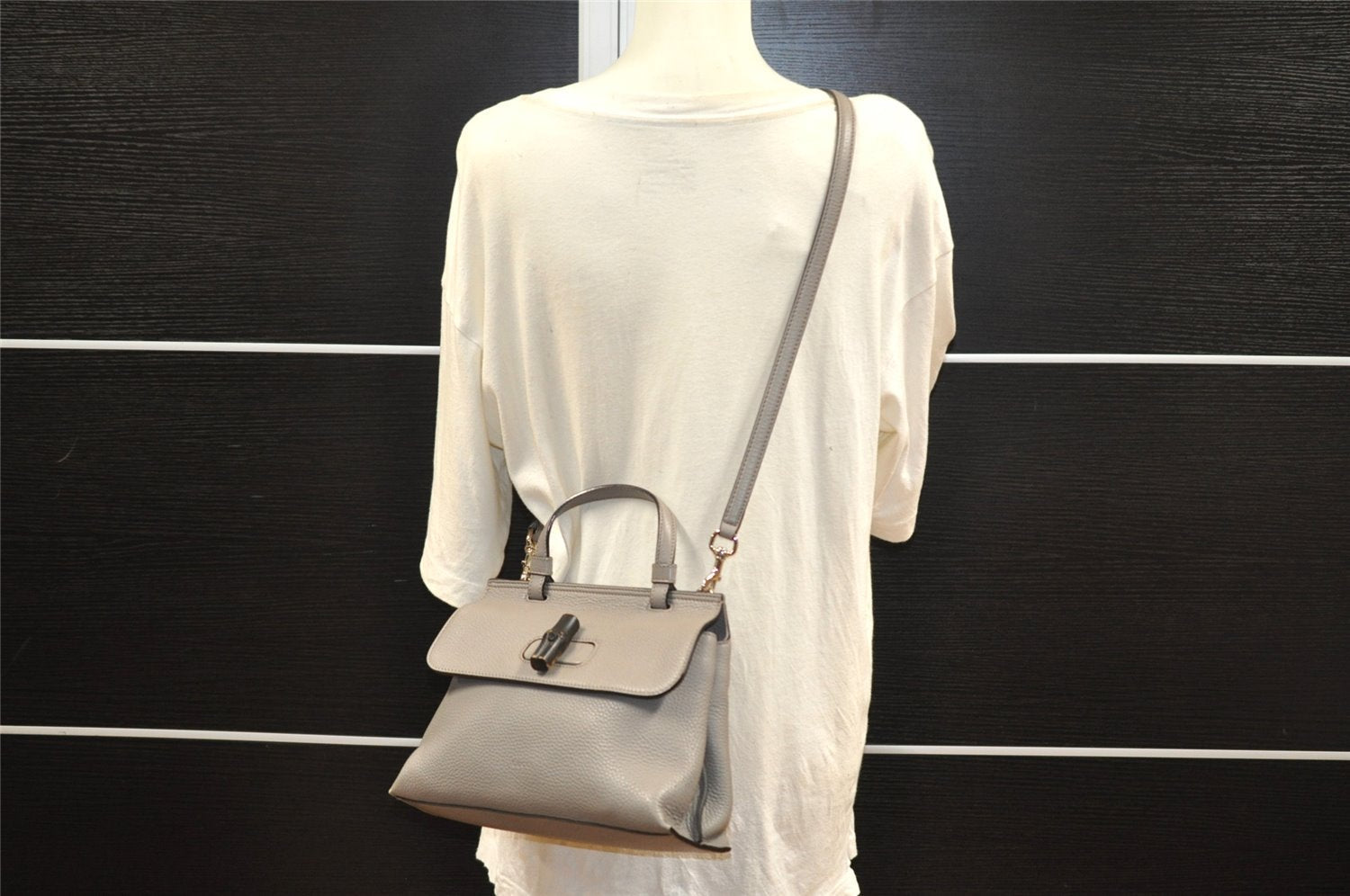 Authentic GUCCI Bamboo Daily 2Way Hand Shoulder Bag Leather 370831 Gray 5733I