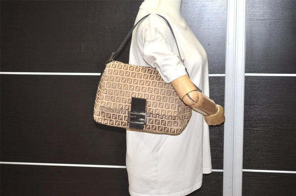 Authentic FENDI Zucchino Mamma Baguette Shoulder Bag Canvas Leather Brown 5734I