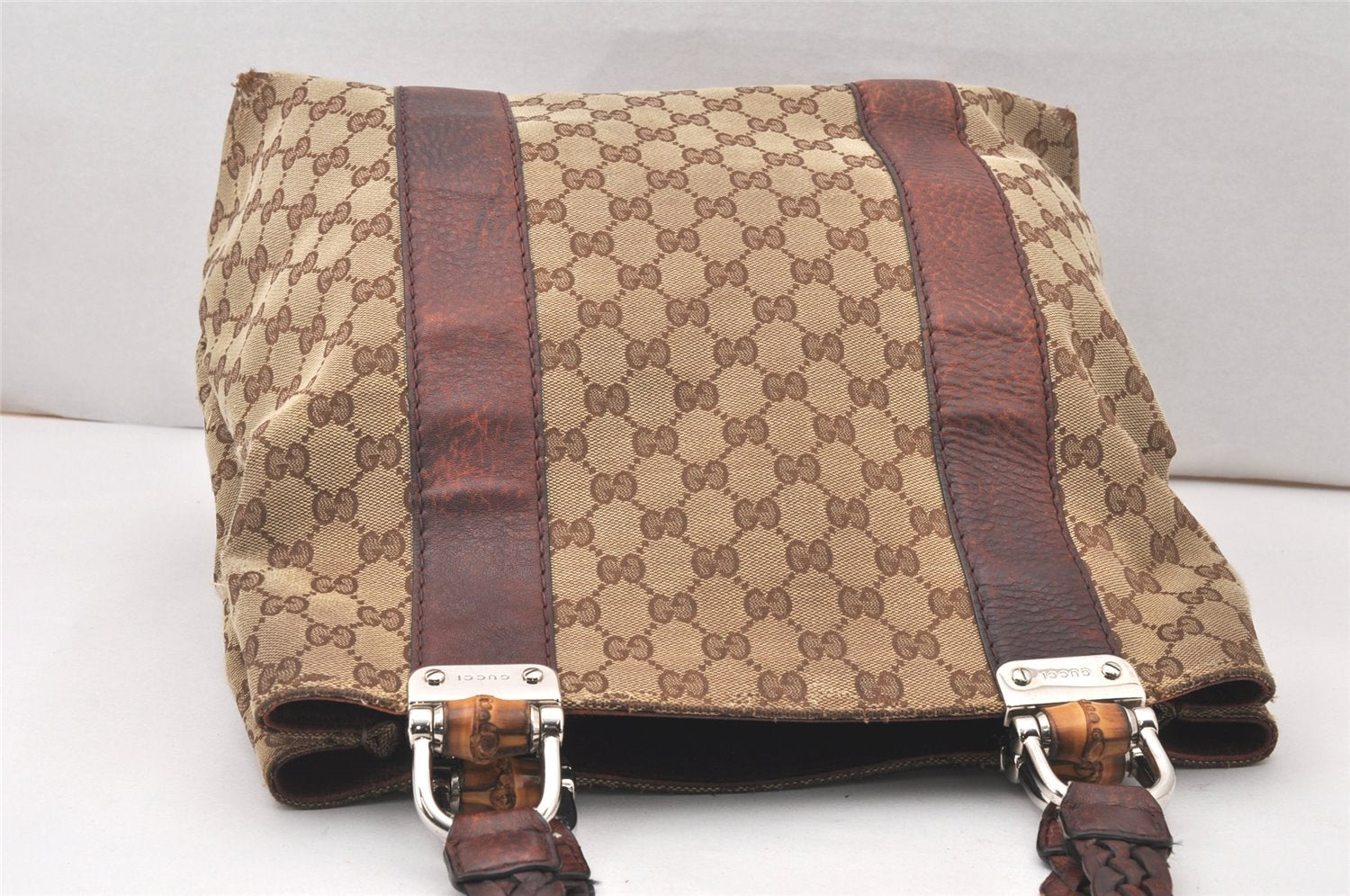 Authentic GUCCI Bamboo Shoulder Hand Bag GG Canvas Leather 232946 Brown 5734K