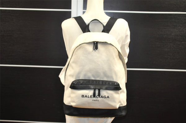 Authentic BALENCIAGA Navy Backpack Vintage Canvas Leather 392007 White 5735I