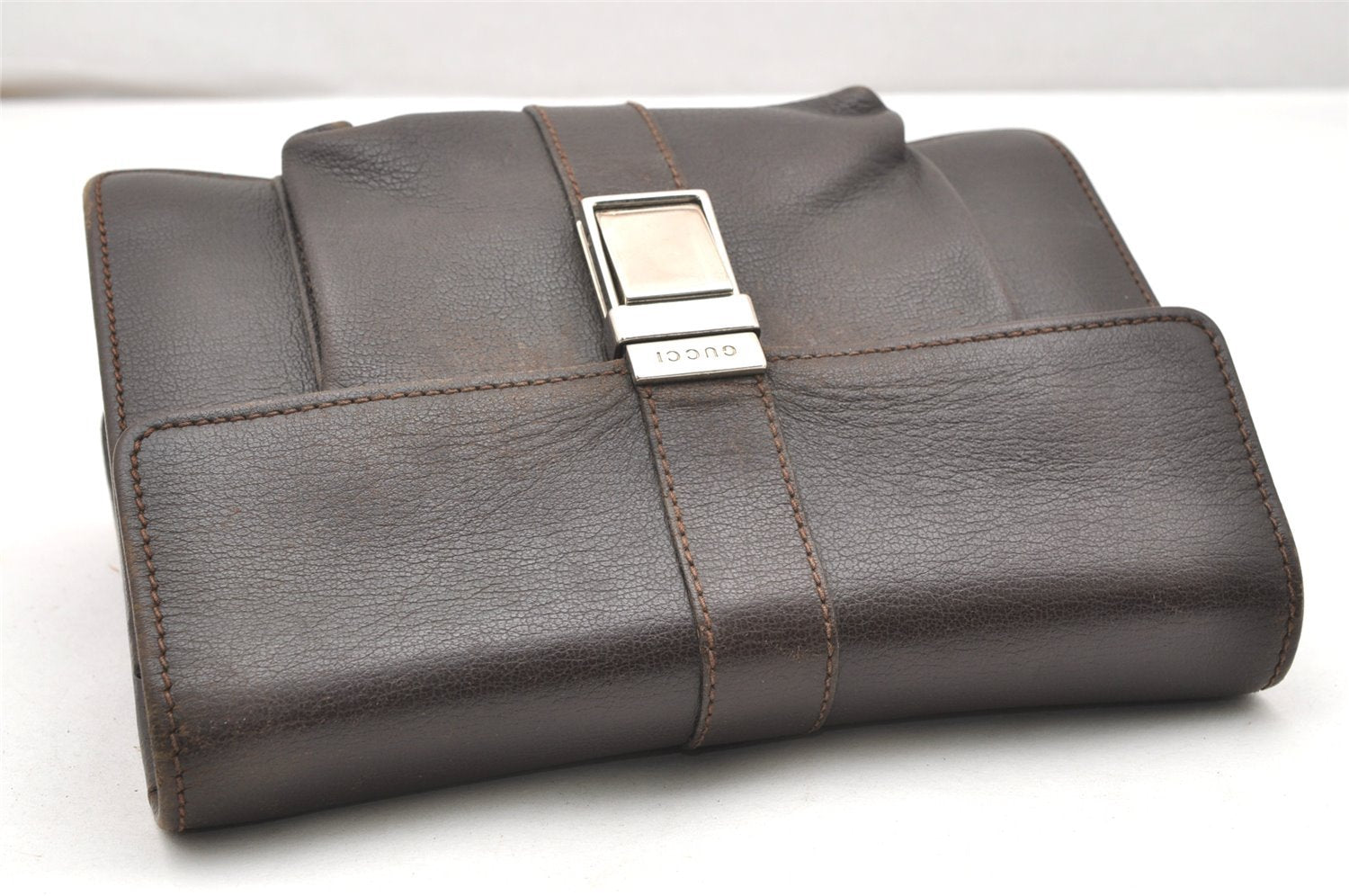 Authentic GUCCI Vintage Clutch Hand Bag Purse Leather Brown 5735K