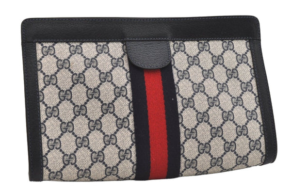 Authentic GUCCI Sherry Line Clutch Hand Bag Purse GG PVC Leather Navy Blue 5736J