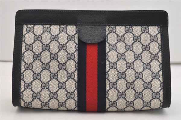 Authentic GUCCI Sherry Line Clutch Hand Bag Purse GG PVC Leather Navy Blue 5736J