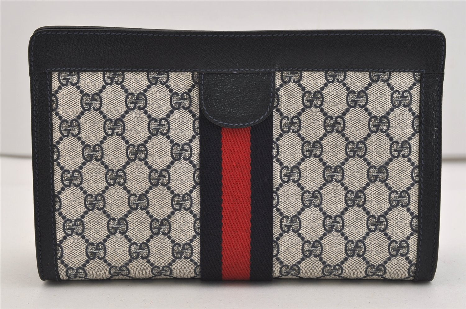 Authentic GUCCI Sherry Line Clutch Hand Bag Purse GG PVC Leather Navy Blue 5736J