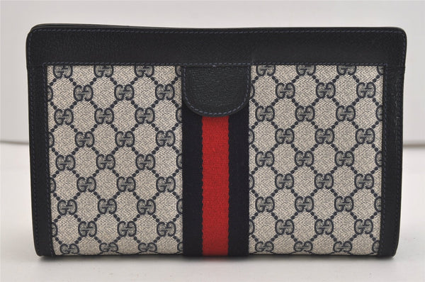 Authentic GUCCI Sherry Line Clutch Hand Bag Purse GG PVC Leather Navy Blue 5736J