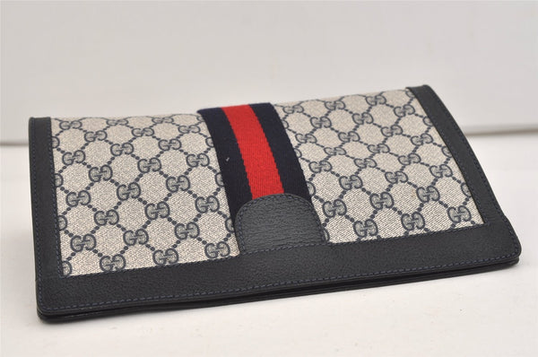 Authentic GUCCI Sherry Line Clutch Hand Bag Purse GG PVC Leather Navy Blue 5736J
