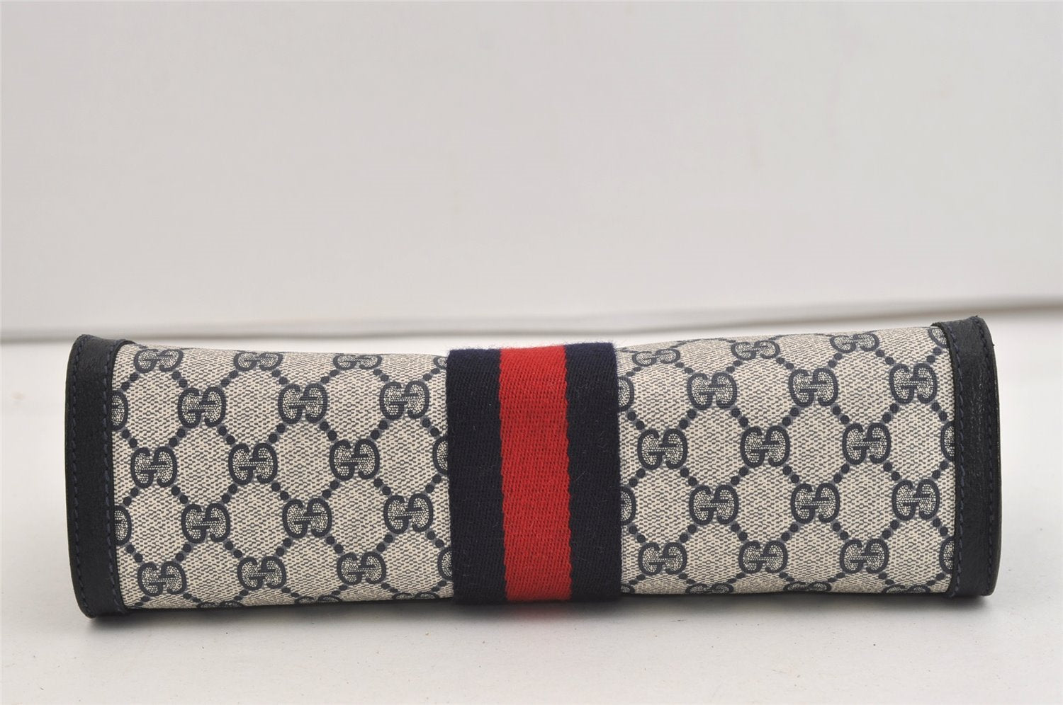 Authentic GUCCI Sherry Line Clutch Hand Bag Purse GG PVC Leather Navy Blue 5736J
