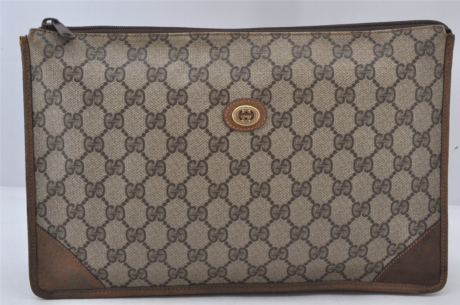 Authentic GUCCI Vintage Clutch Hand Bag Purse GG PVC Leather Brown 5736K