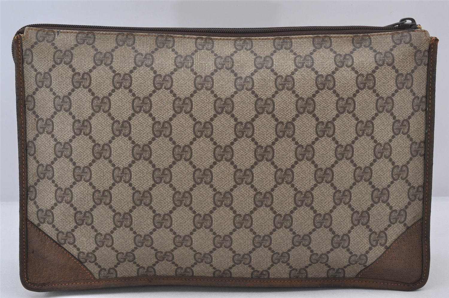 Authentic GUCCI Vintage Clutch Hand Bag Purse GG PVC Leather Brown 5736K