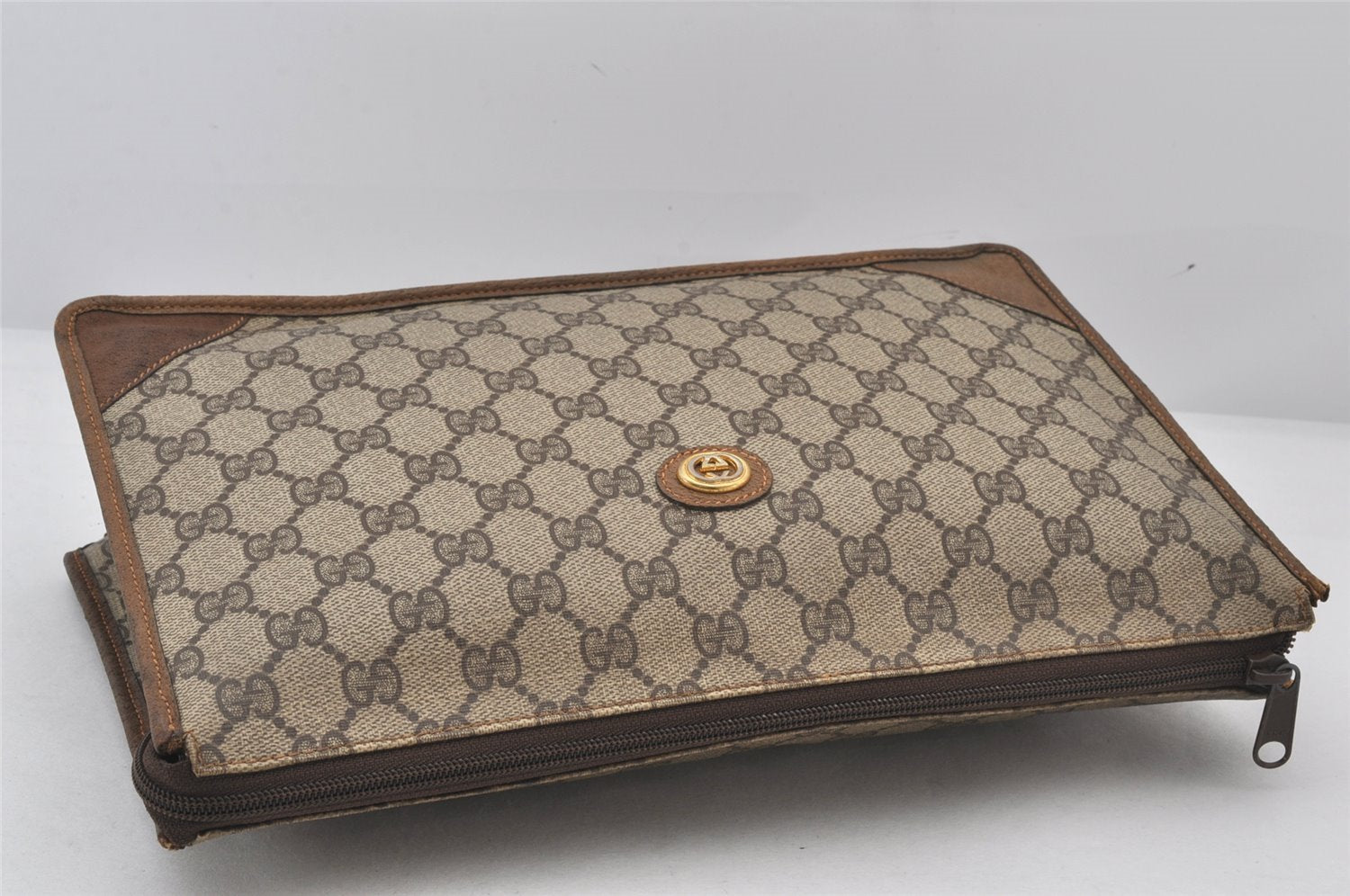 Authentic GUCCI Vintage Clutch Hand Bag Purse GG PVC Leather Brown 5736K