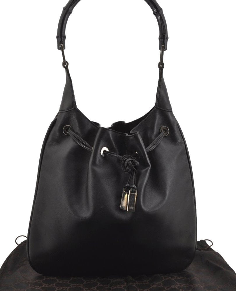 Authentic GUCCI Bamboo Shoulder Hand Bag Purse Leather 0014033 Black 5737J