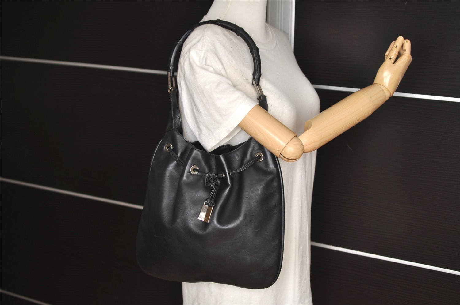 Authentic GUCCI Bamboo Shoulder Hand Bag Purse Leather 0014033 Black 5737J