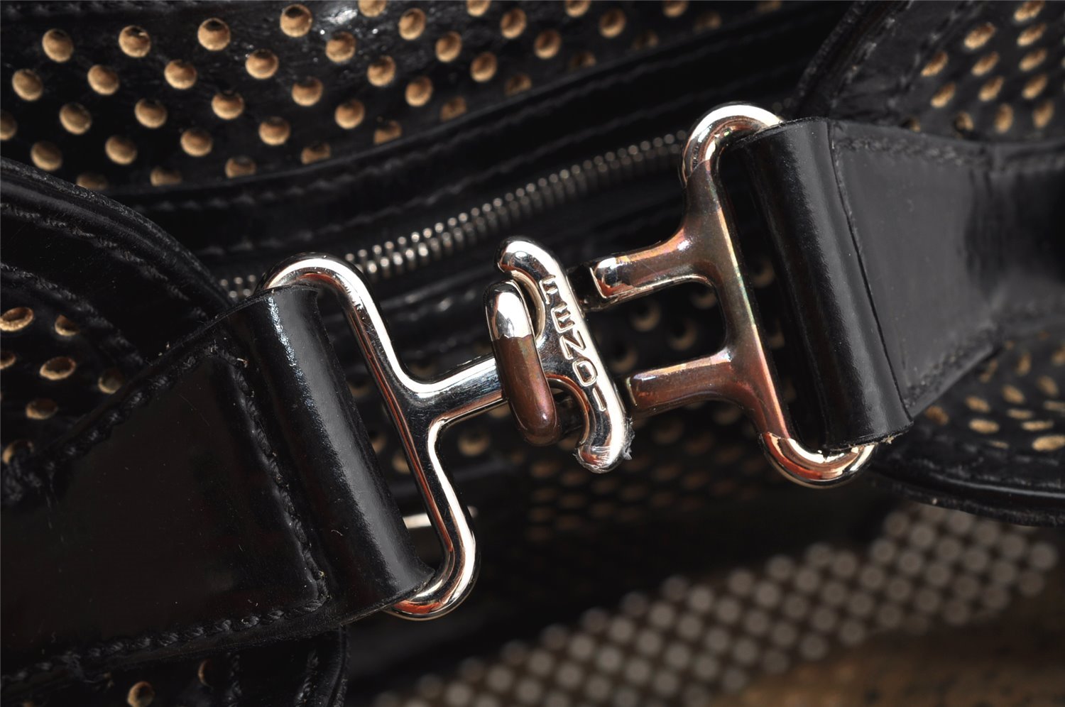 Authentic FENDI Etniko Hand Bag Punching Leather Enamel Black Junk 5738I