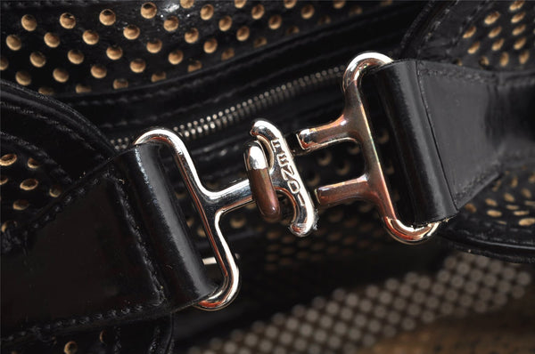 Authentic FENDI Etniko Hand Bag Punching Leather Enamel Black Junk 5738I