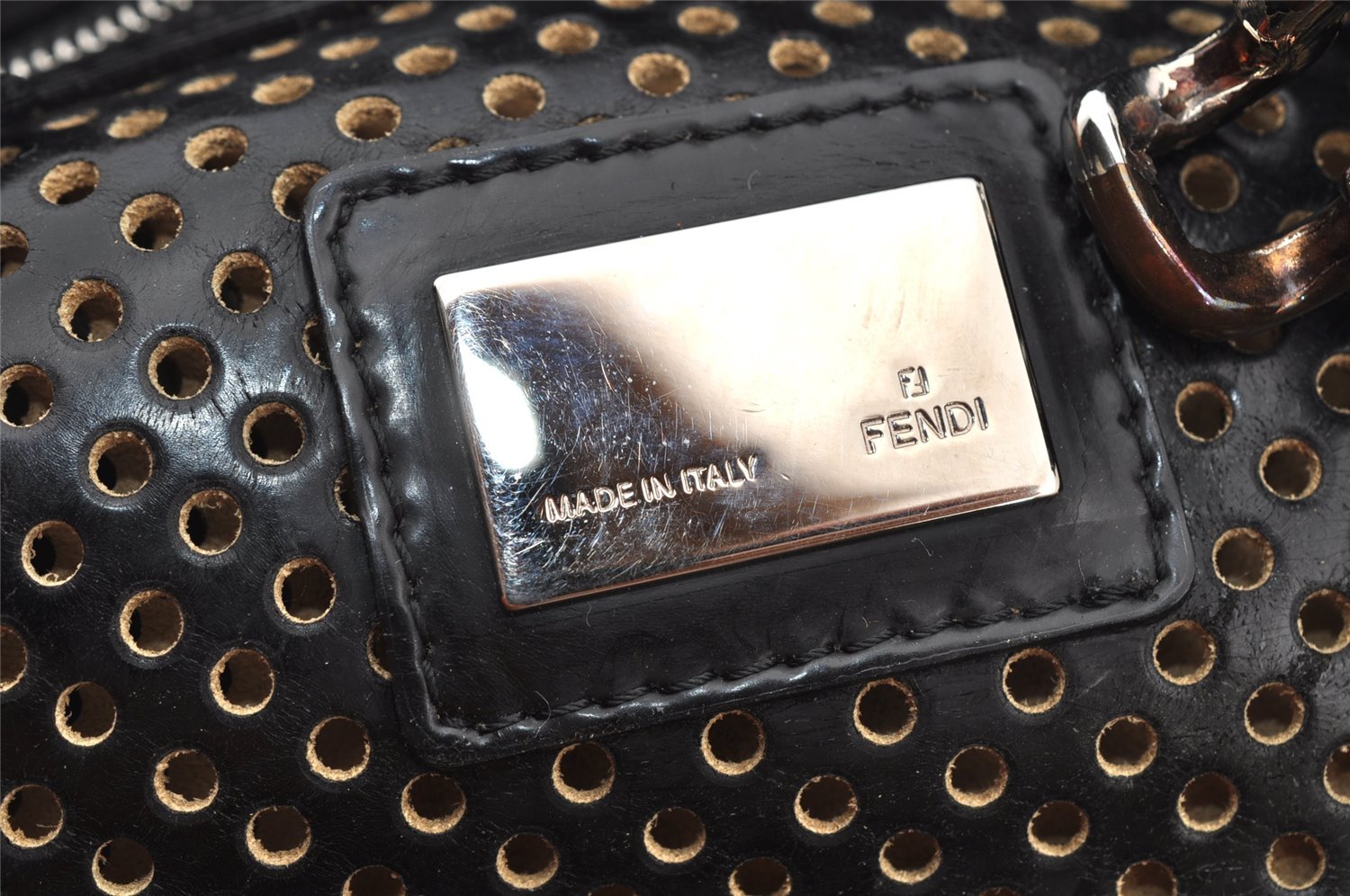 Authentic FENDI Etniko Hand Bag Punching Leather Enamel Black Junk 5738I