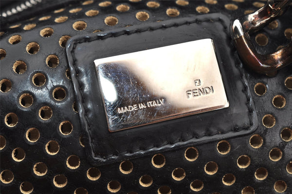 Authentic FENDI Etniko Hand Bag Punching Leather Enamel Black Junk 5738I