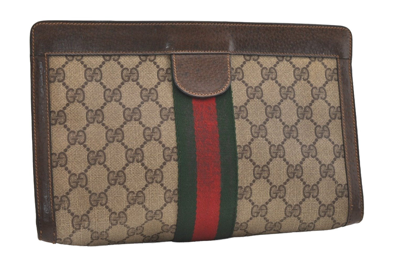 Authentic GUCCI Web Sherry Line Clutch Hand Bag Purse GG PVC Leather Brown 5739J