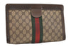 Authentic GUCCI Web Sherry Line Clutch Hand Bag Purse GG PVC Leather Brown 5739J