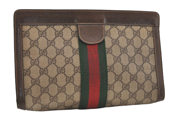 Authentic GUCCI Web Sherry Line Clutch Hand Bag Purse GG PVC Leather Brown 5739J