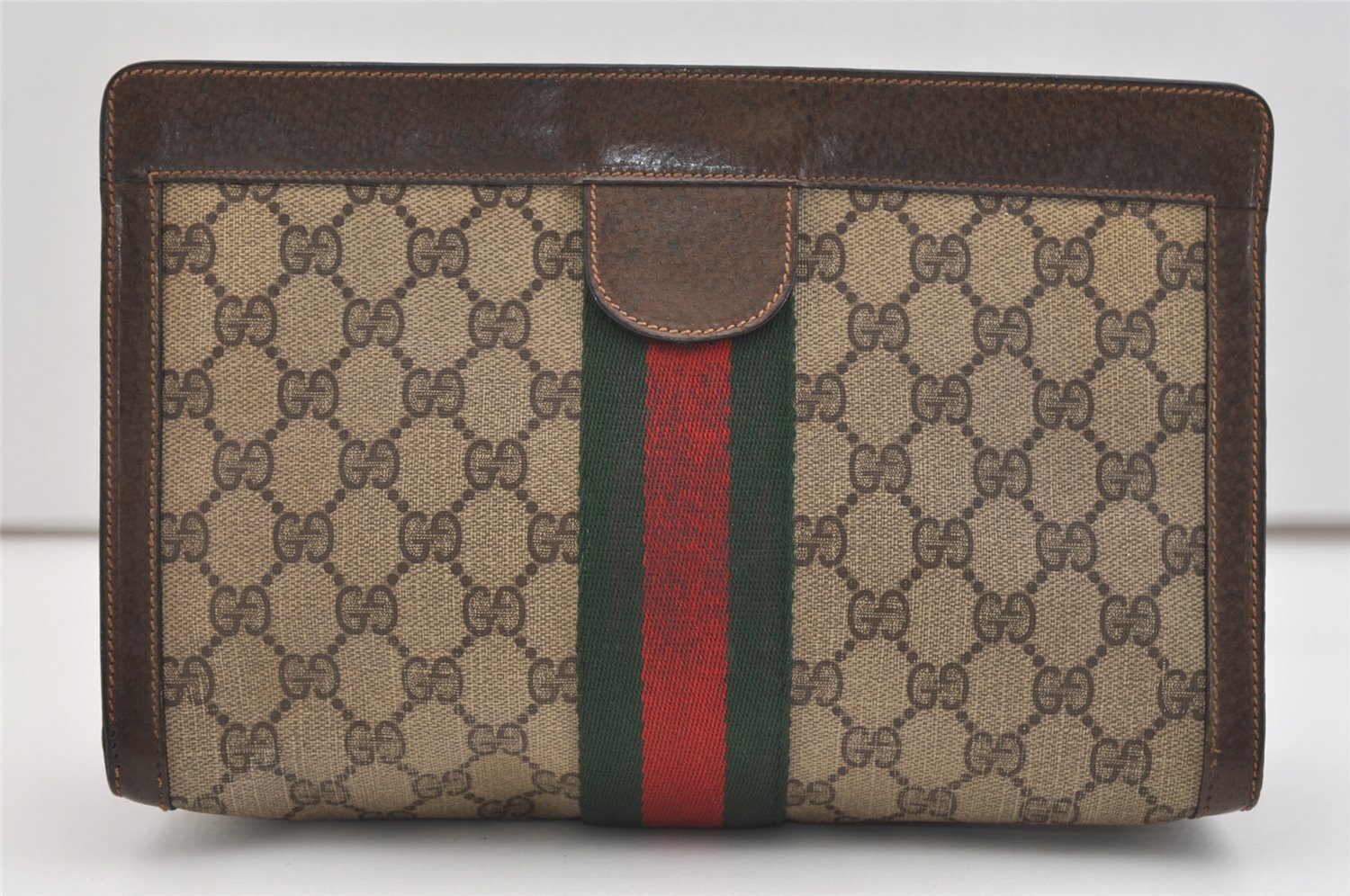 Authentic GUCCI Web Sherry Line Clutch Hand Bag Purse GG PVC Leather Brown 5739J