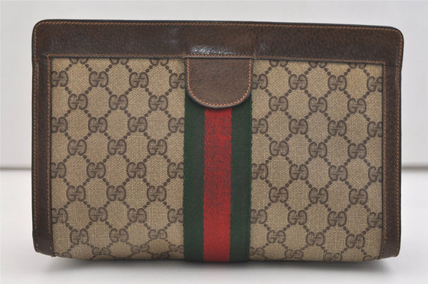 Authentic GUCCI Web Sherry Line Clutch Hand Bag Purse GG PVC Leather Brown 5739J