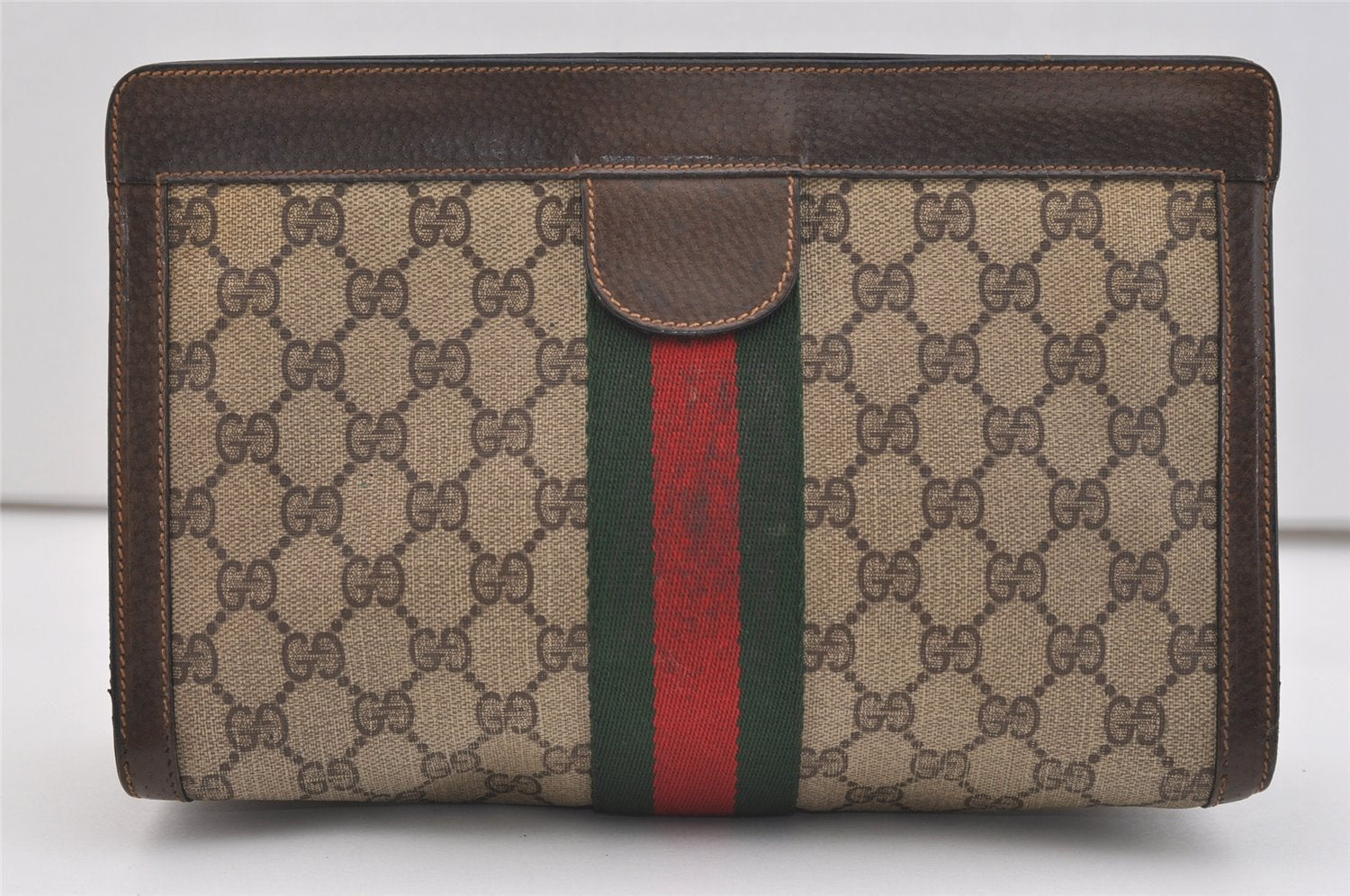 Authentic GUCCI Web Sherry Line Clutch Hand Bag Purse GG PVC Leather Brown 5739J