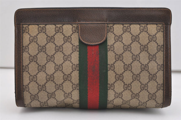 Authentic GUCCI Web Sherry Line Clutch Hand Bag Purse GG PVC Leather Brown 5739J