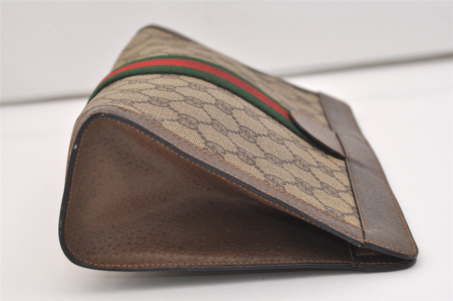 Authentic GUCCI Web Sherry Line Clutch Hand Bag Purse GG PVC Leather Brown 5739J