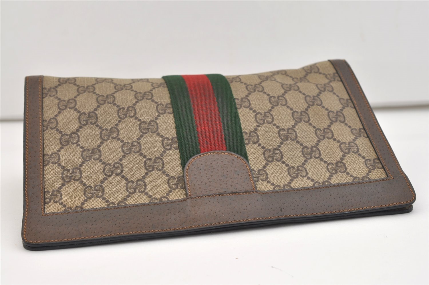 Authentic GUCCI Web Sherry Line Clutch Hand Bag Purse GG PVC Leather Brown 5739J