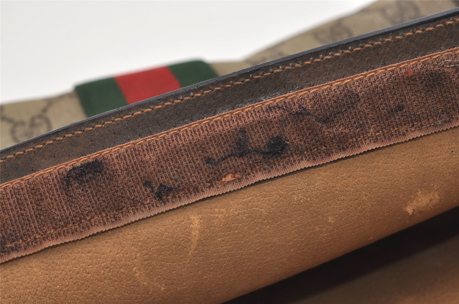 Authentic GUCCI Web Sherry Line Clutch Hand Bag Purse GG PVC Leather Brown 5739J