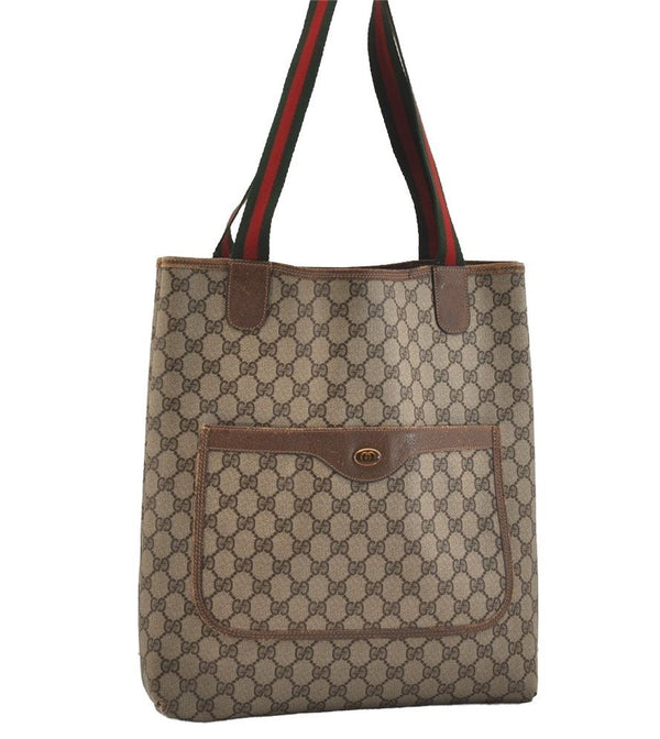 Authentic GUCCI Web Sherry Line Shoulder Tote Bag GG PVC Leather Brown 5741J