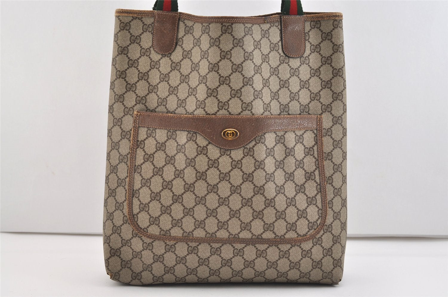 Authentic GUCCI Web Sherry Line Shoulder Tote Bag GG PVC Leather Brown 5741J