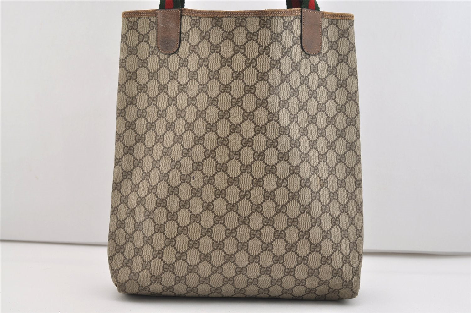 Authentic GUCCI Web Sherry Line Shoulder Tote Bag GG PVC Leather Brown 5741J