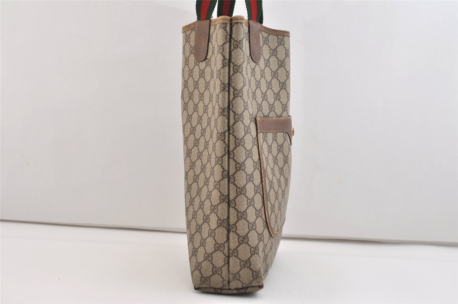 Authentic GUCCI Web Sherry Line Shoulder Tote Bag GG PVC Leather Brown 5741J