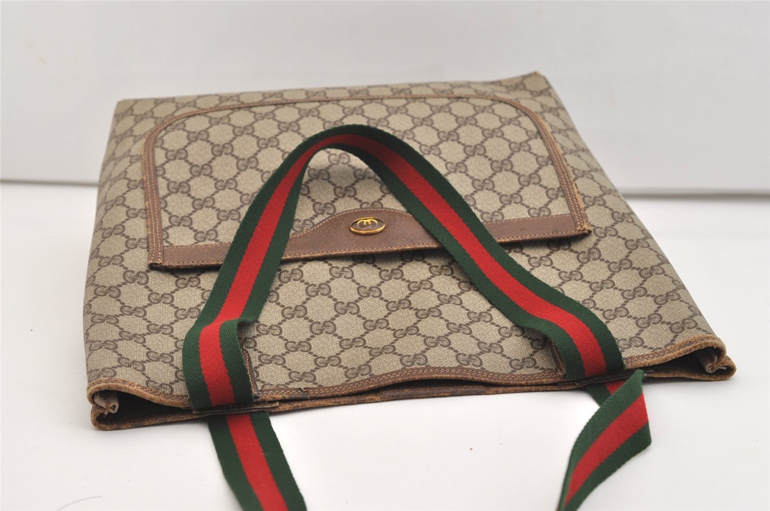 Authentic GUCCI Web Sherry Line Shoulder Tote Bag GG PVC Leather Brown 5741J