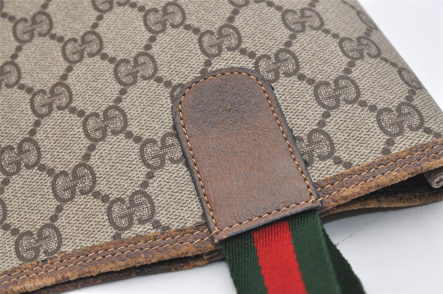 Authentic GUCCI Web Sherry Line Shoulder Tote Bag GG PVC Leather Brown 5741J