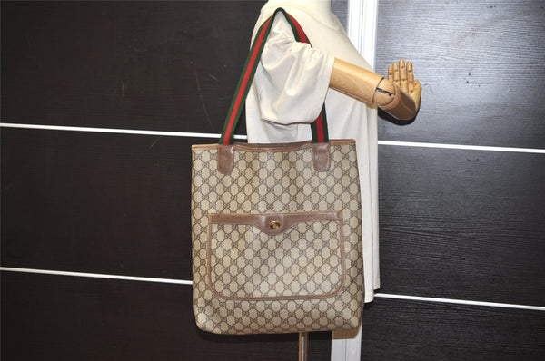 Authentic GUCCI Web Sherry Line Shoulder Tote Bag GG PVC Leather Brown 5741J