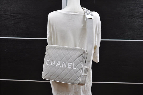 Authentic CHANEL Sports Line Matelasse Shoulder Bag Canvas Leather Gray 5743I