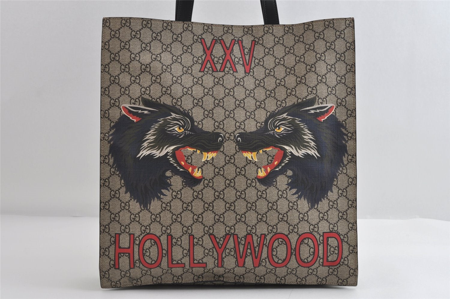 Authentic GUCCI Wolf Pattern 2Way Tote Bag GG PVC Leather 450950 Brown 5750I