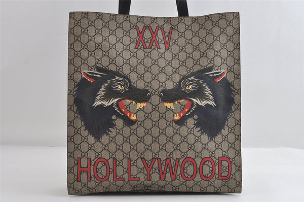 Authentic GUCCI Wolf Pattern 2Way Tote Bag GG PVC Leather 450950 Brown 5750I