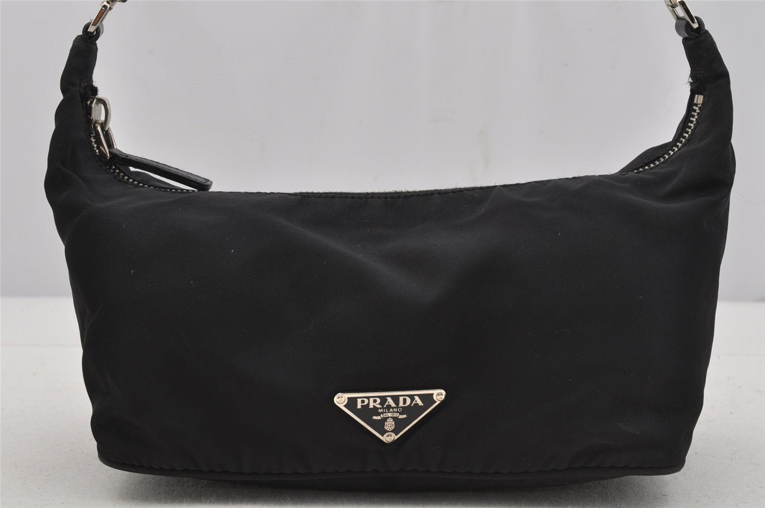 Authentic PRADA Vintage Nylon Tessuto Leather Hand Bag Pouch Purse Black 5750J
