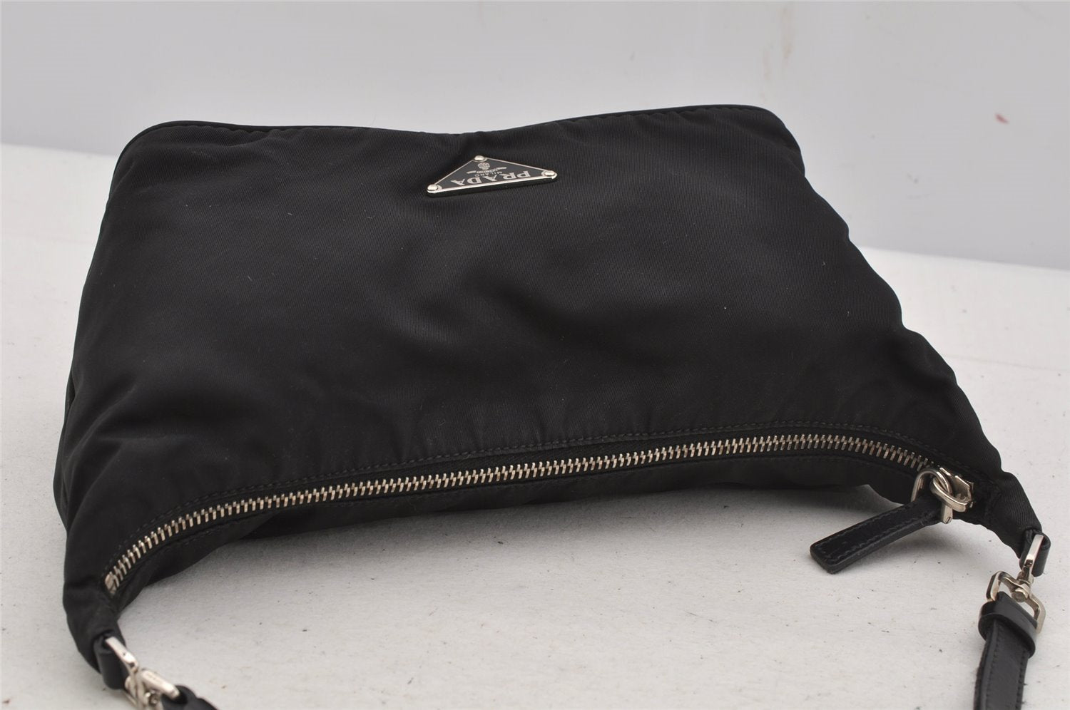 Authentic PRADA Vintage Nylon Tessuto Leather Hand Bag Pouch Purse Black 5750J
