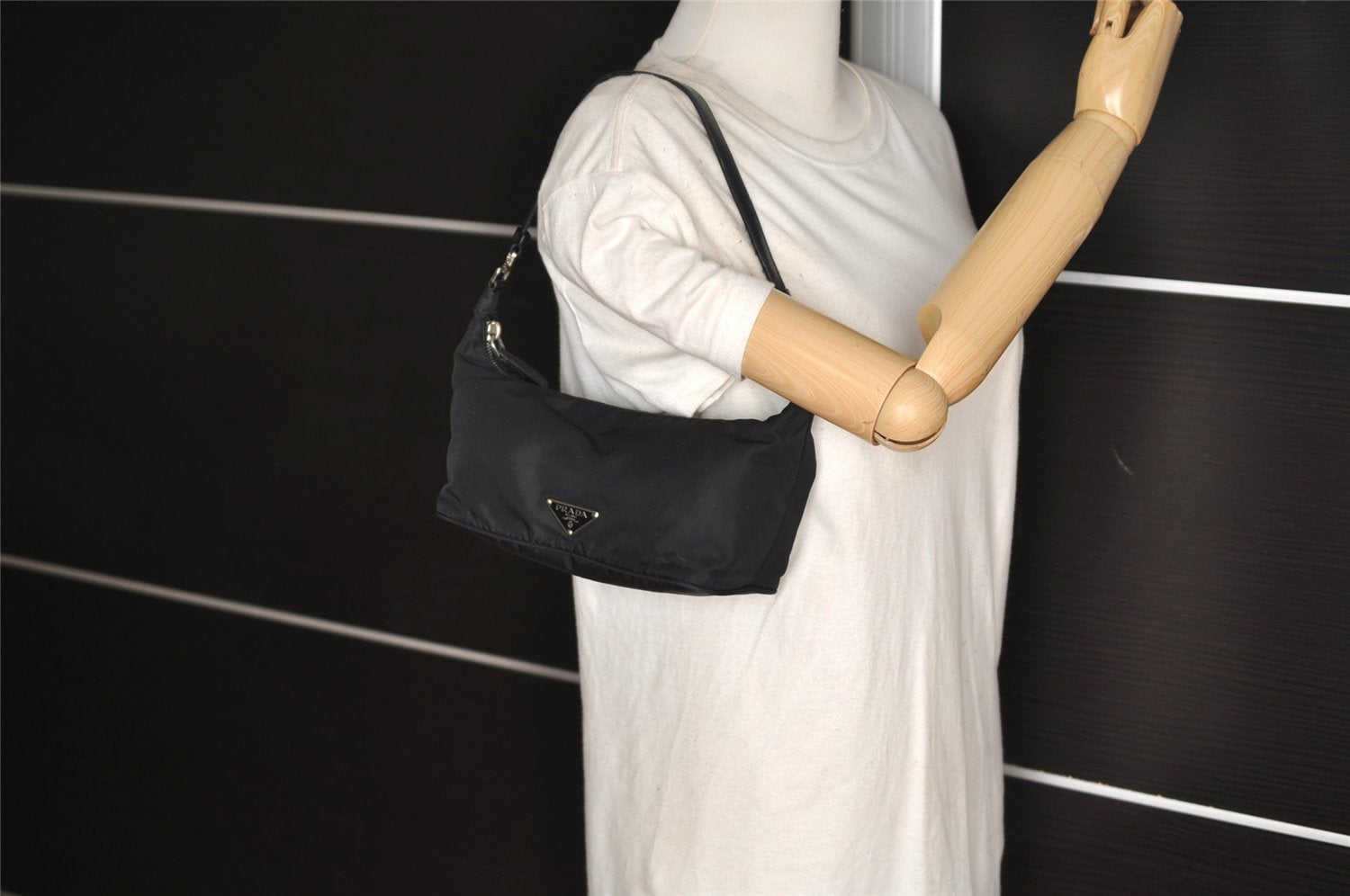 Authentic PRADA Vintage Nylon Tessuto Leather Hand Bag Pouch Purse Black 5750J