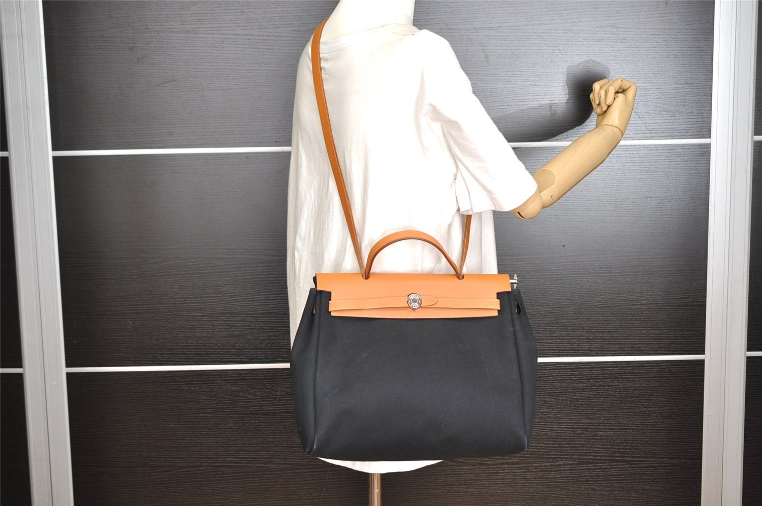 Authentic HERMES Her Bag PM & PM 2Way Shoulder Hand Bag Black Beige 5751I